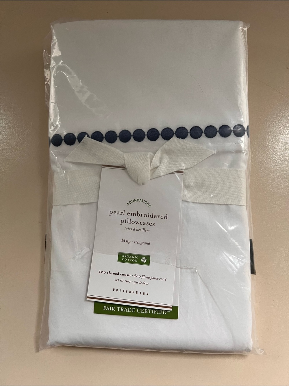 Pottery Barn White King Pillowcases with Navy Pearl Embroidery